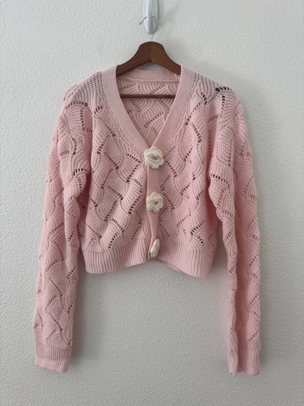 Womens Light Baby Pink Cropped Boxy Cardigan Floral Buttons Size Small Coquette